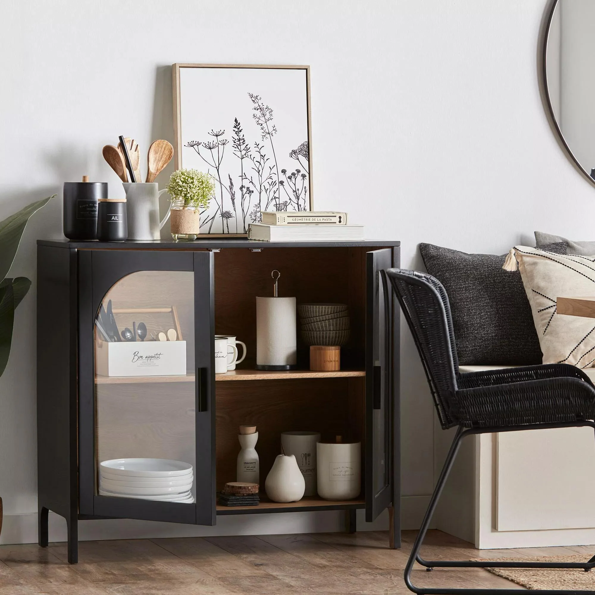 Black Wooden Buffet with Glass Doors - Image 2