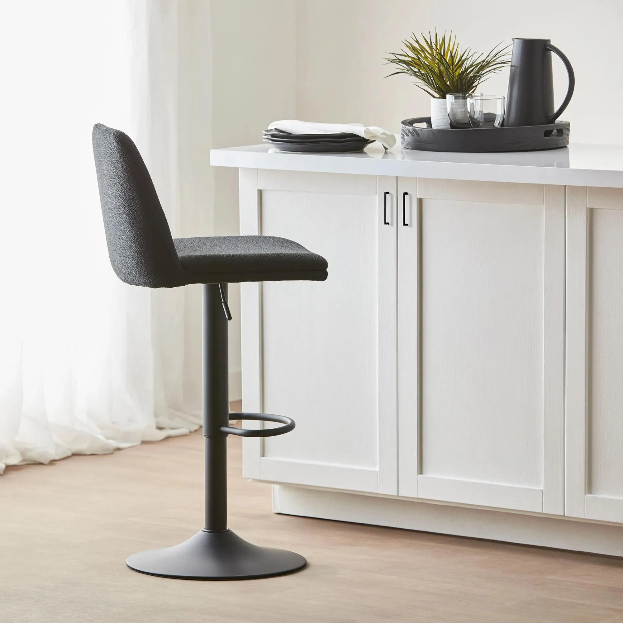 Black Fabric and Metal Adjustable Bar Stool - Image 2