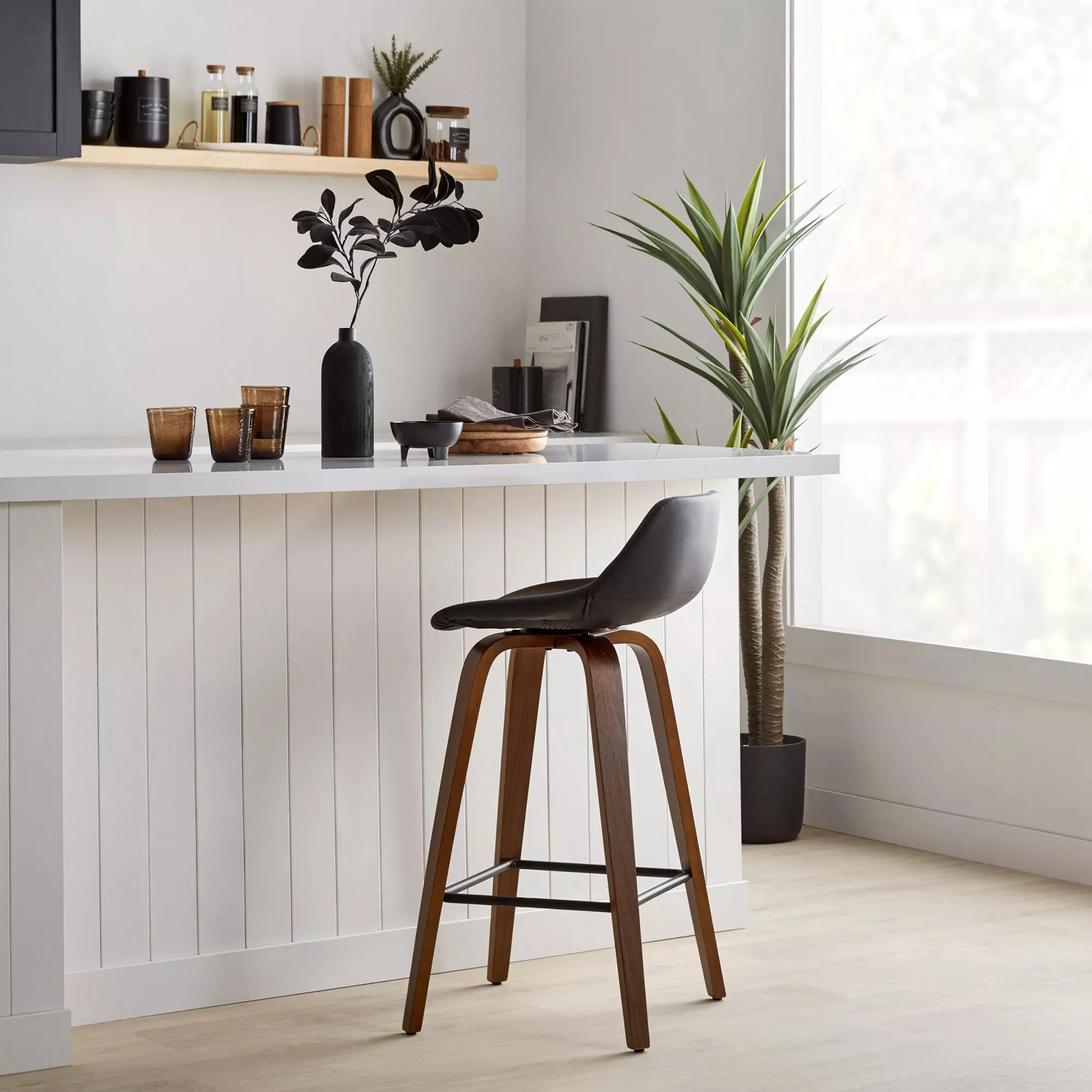 Faux Leather and Walnut Wood Bar Stool - Image 2