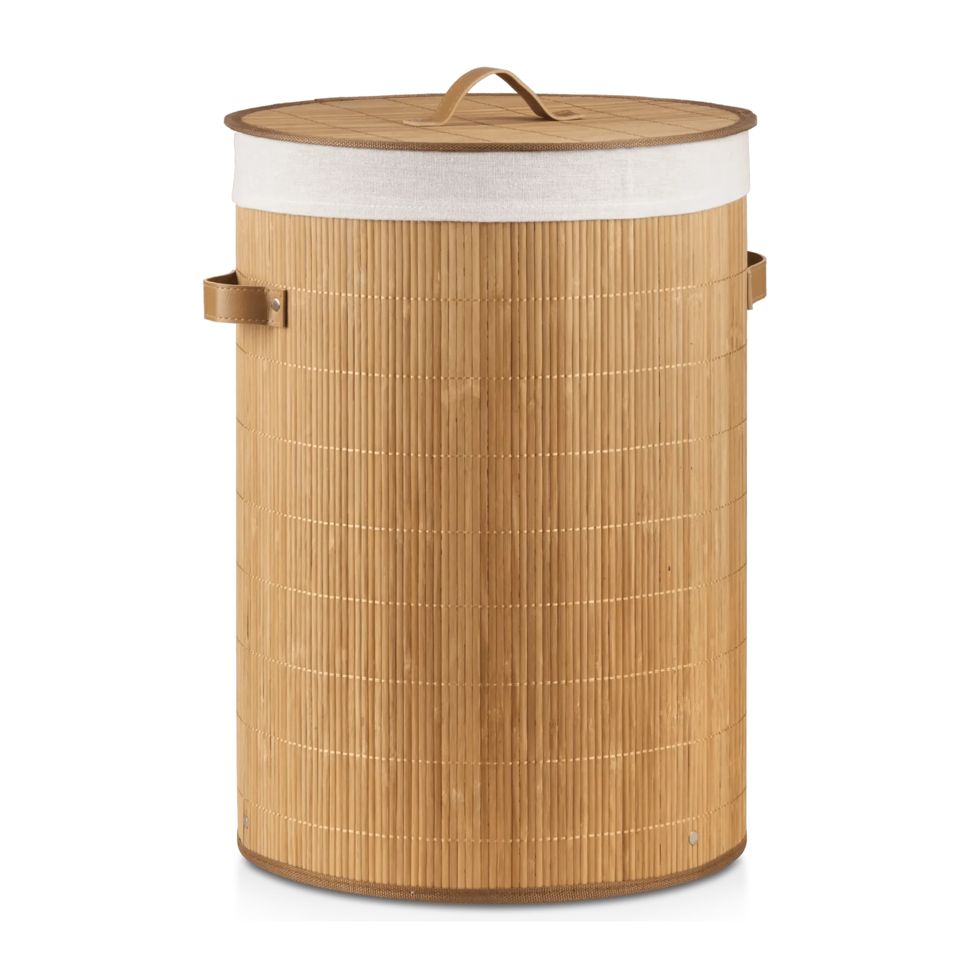 Round Bamboo Hamper with Lining and Faux Leather Handles