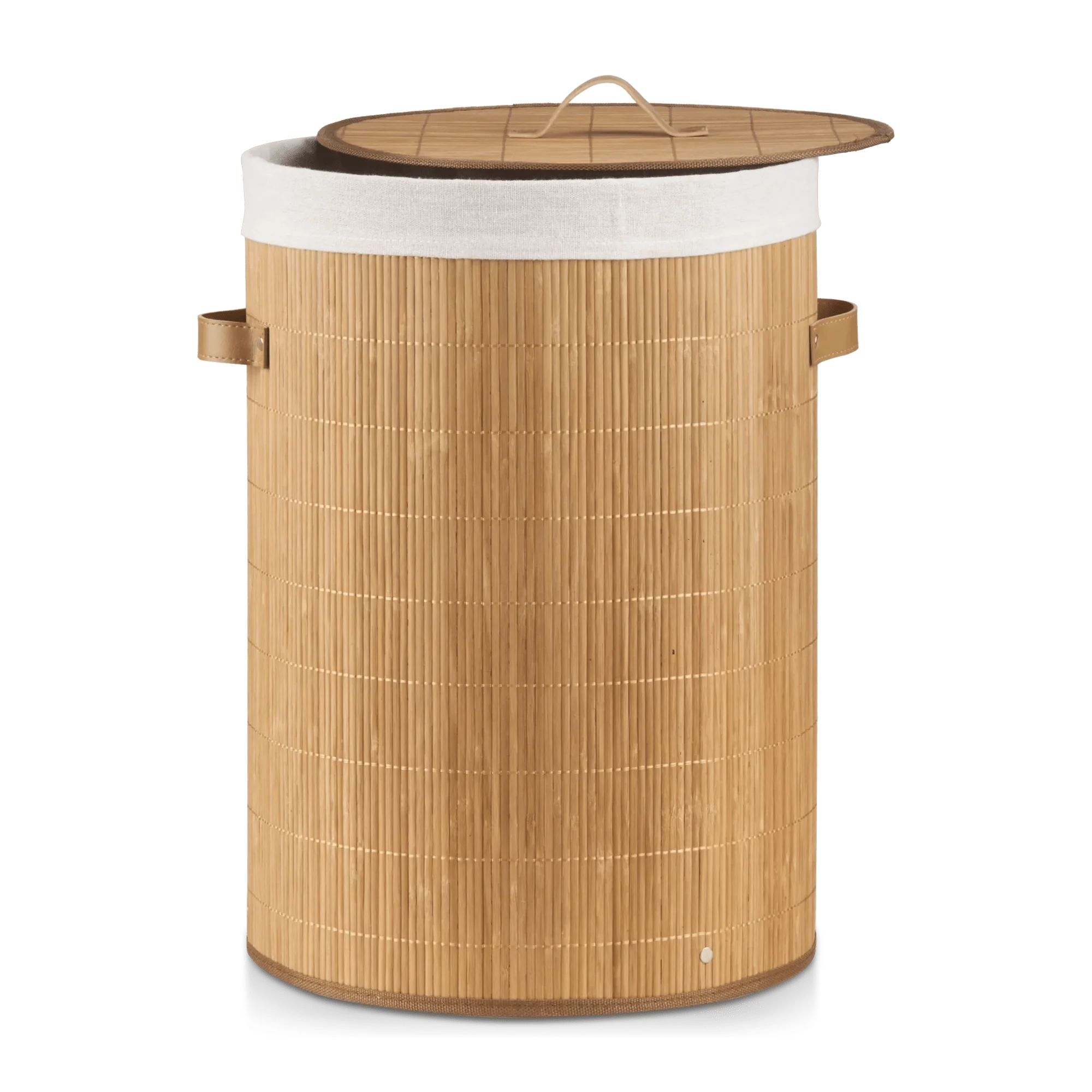 Round Bamboo Hamper with Lining and Faux Leather Handles - Image 2