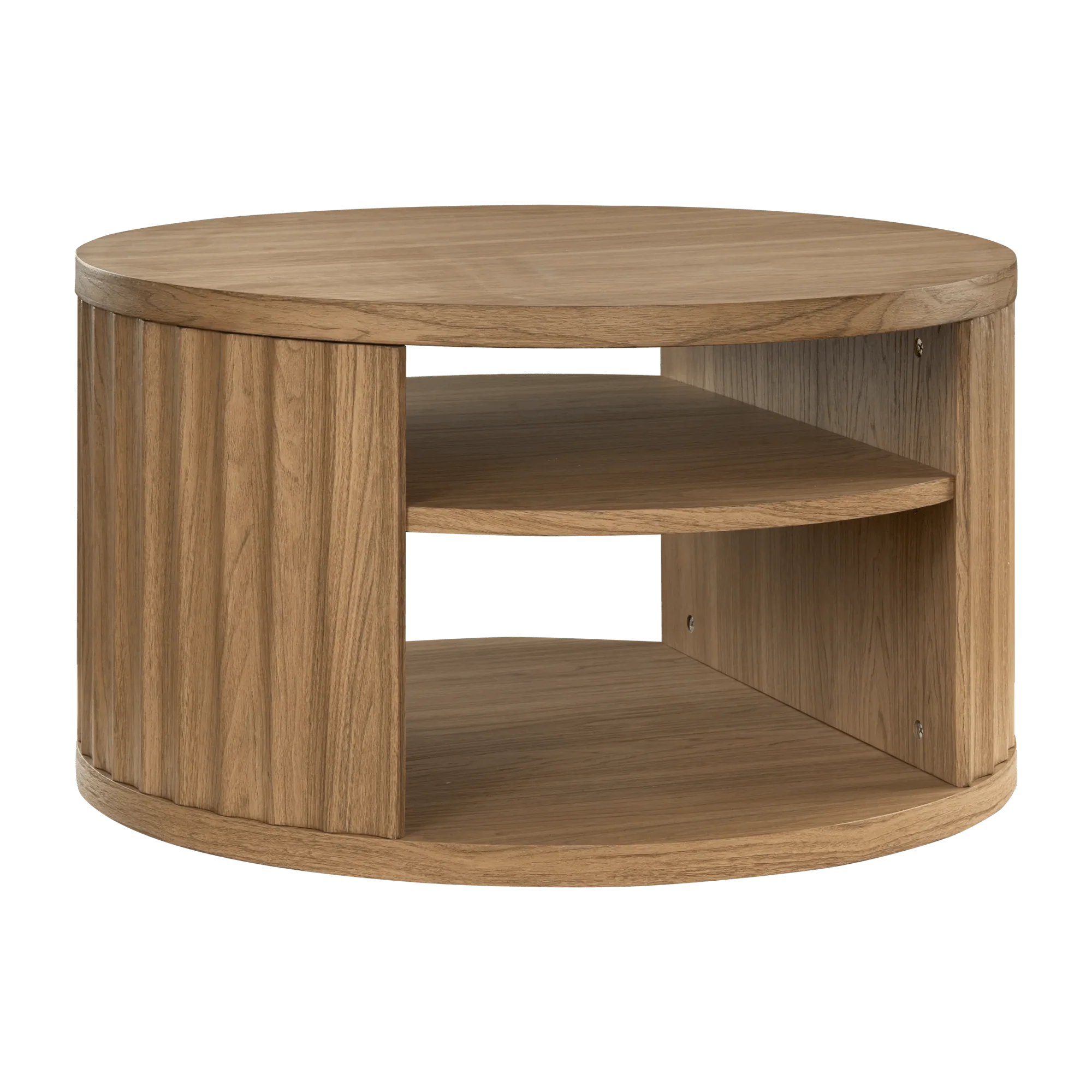 Round Ribbed Wood Coffee Table with Shelf
