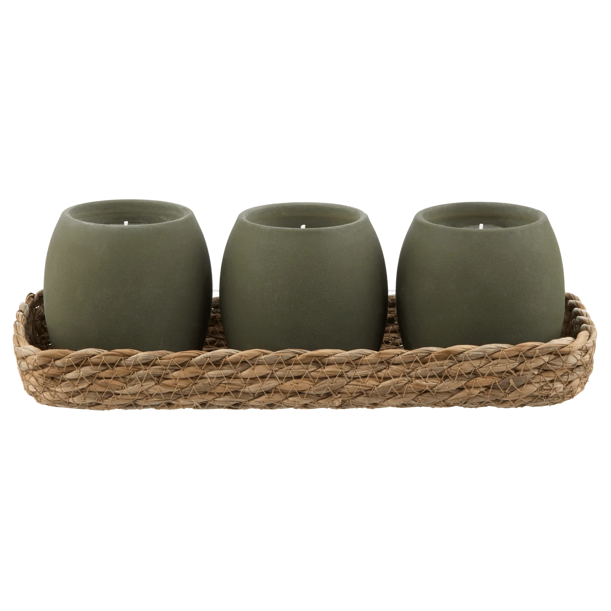 Set of 3 Green Candles with Rope Tray