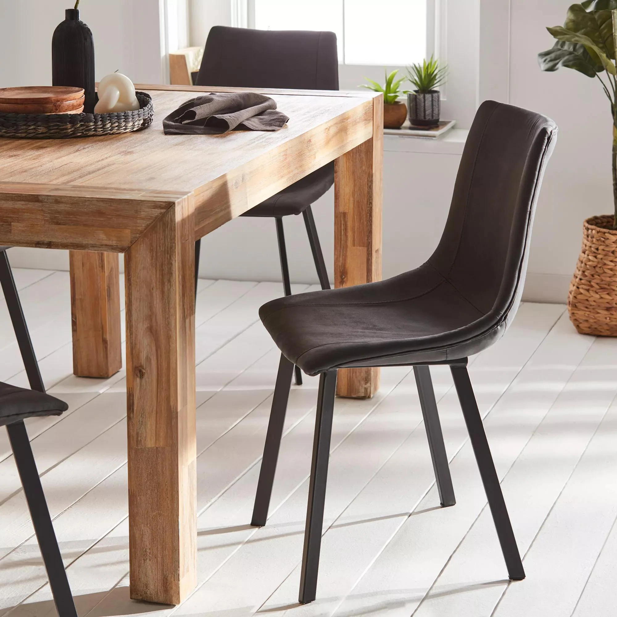Black Textured Faux Leather and Metal Dining Chair - Image 3