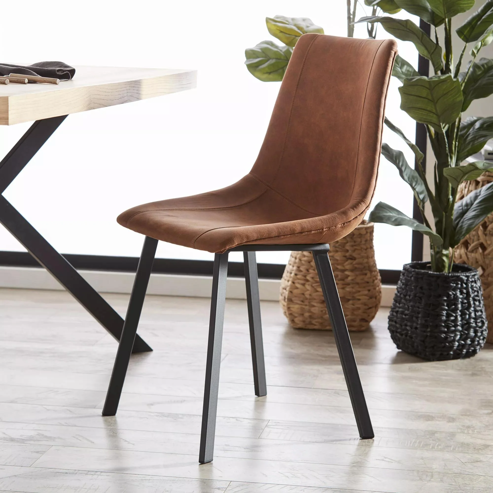 Rust Textured Faux Leather and Metal Dining Chair - Image 6