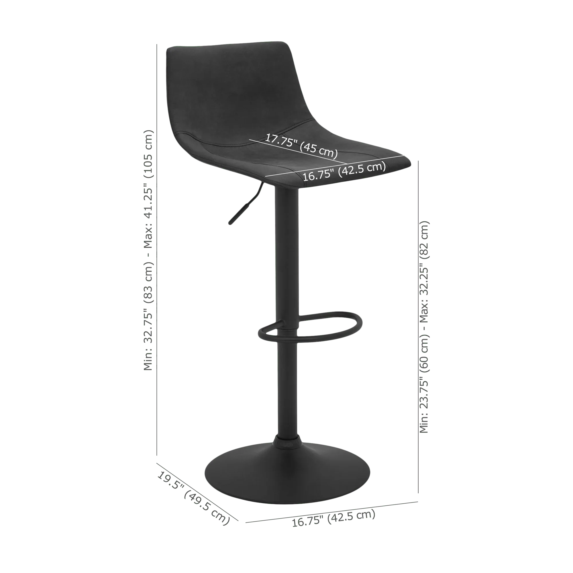 Black Textured Faux Leather & Metal Adjustable Bar Stool - Image 4